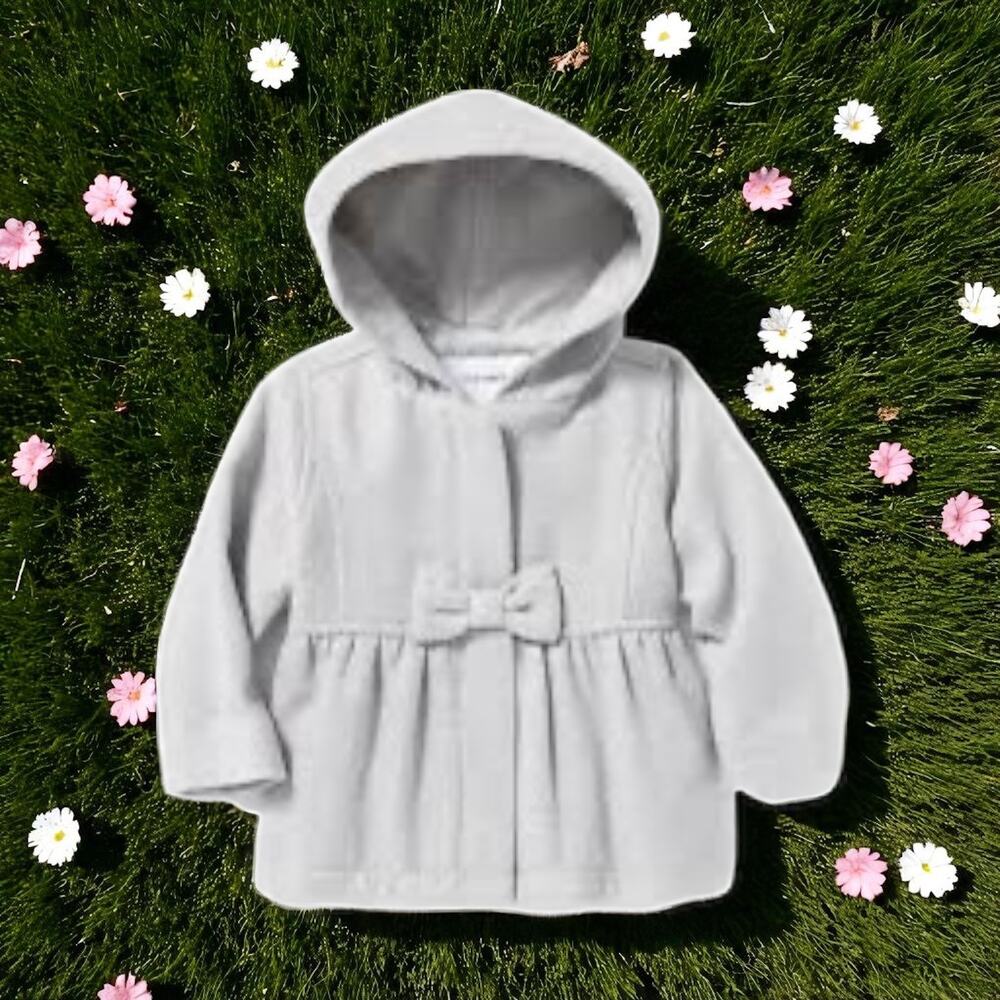 Old Navy Baby Girl Velour Coat Jacket 18-24 Months Gray Hooded Bow Photo Shoot